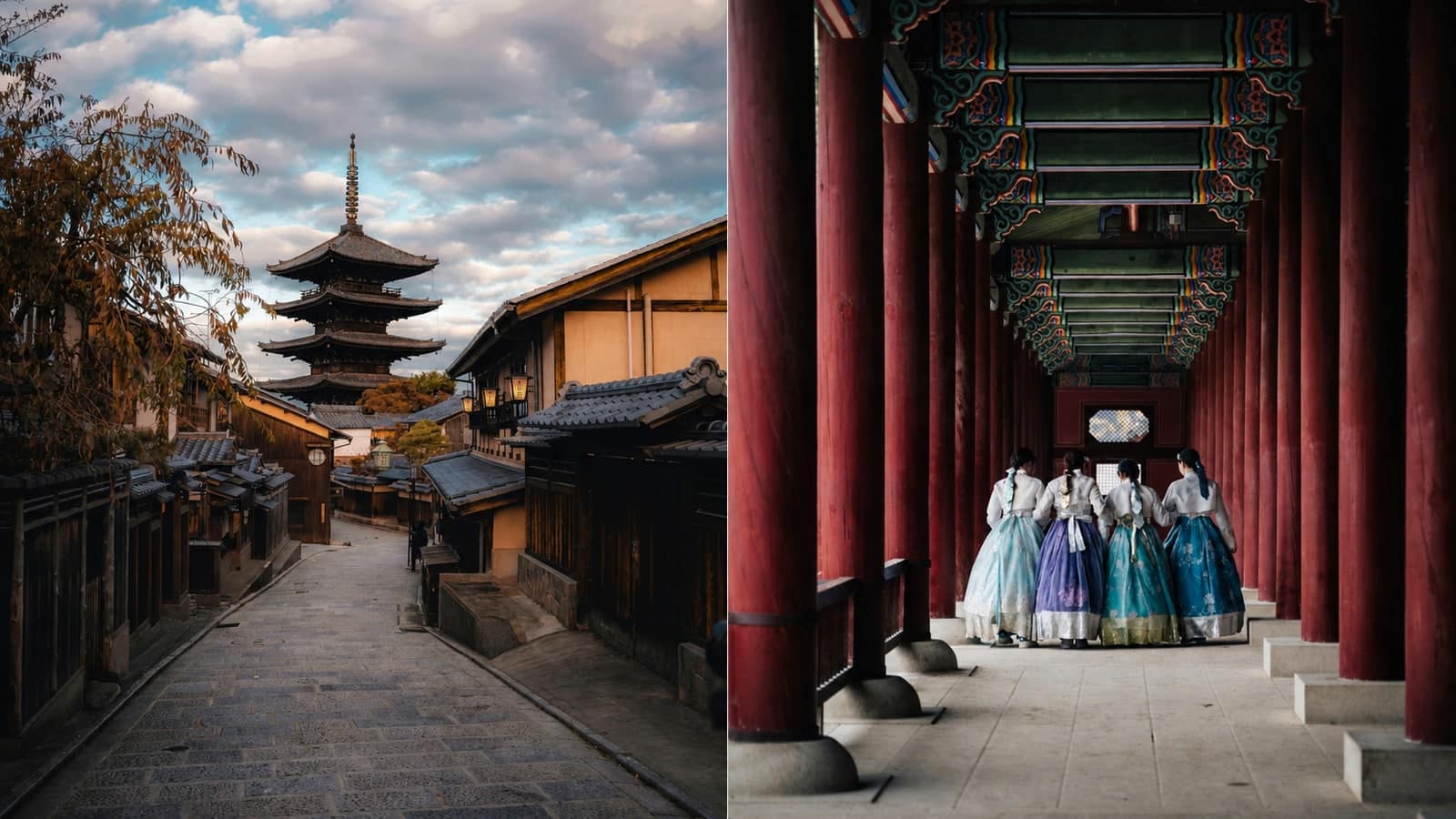 Comparatif entre une rue traditionnelle de Kyoto et un palais de Séoul