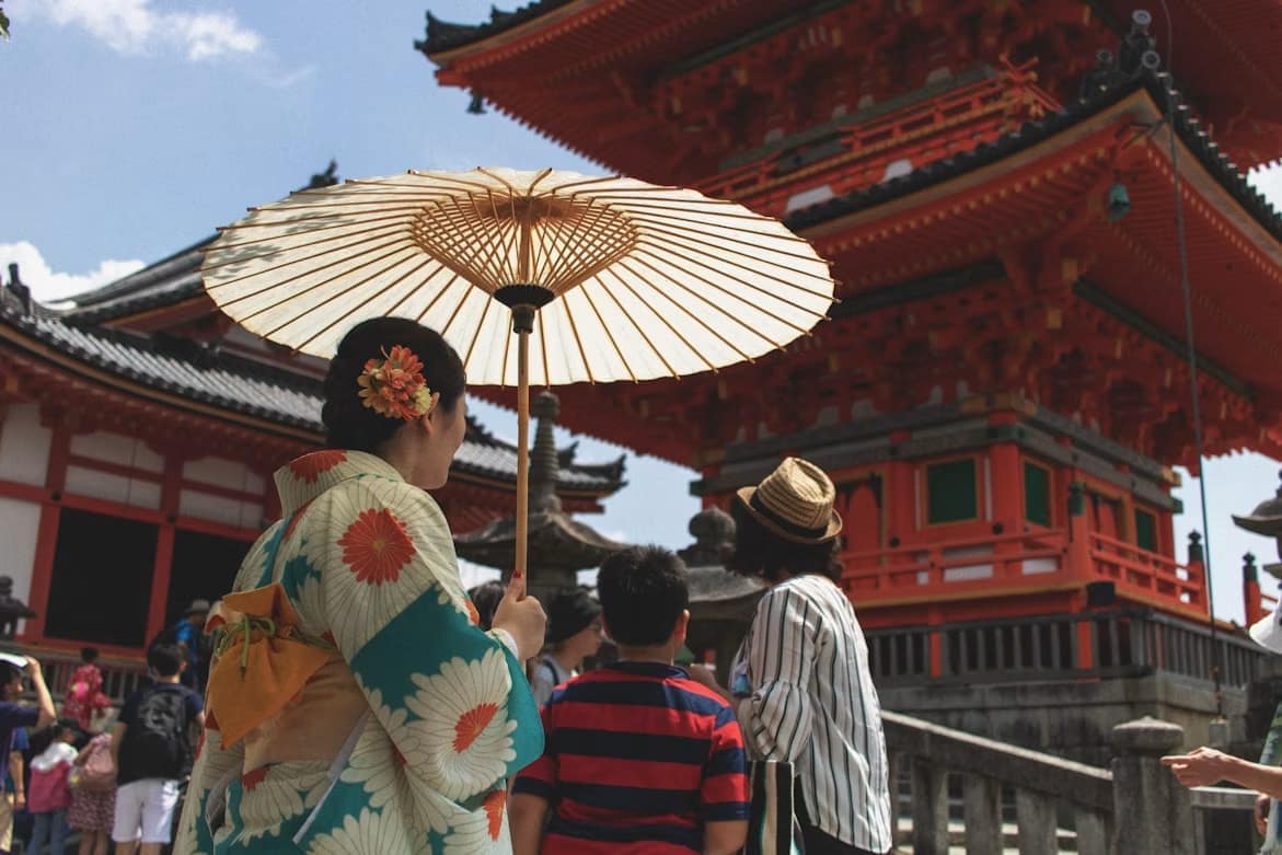 Femme en kimono tenant une ombrelle devant un temple japonais